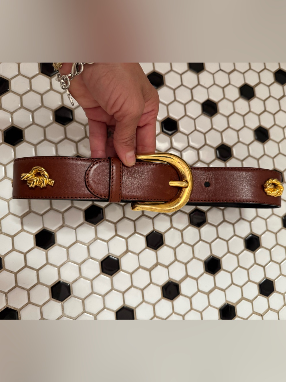 Escada Brown Leather Belt with Gold-Tone Buckle and Knot Accents -29” long